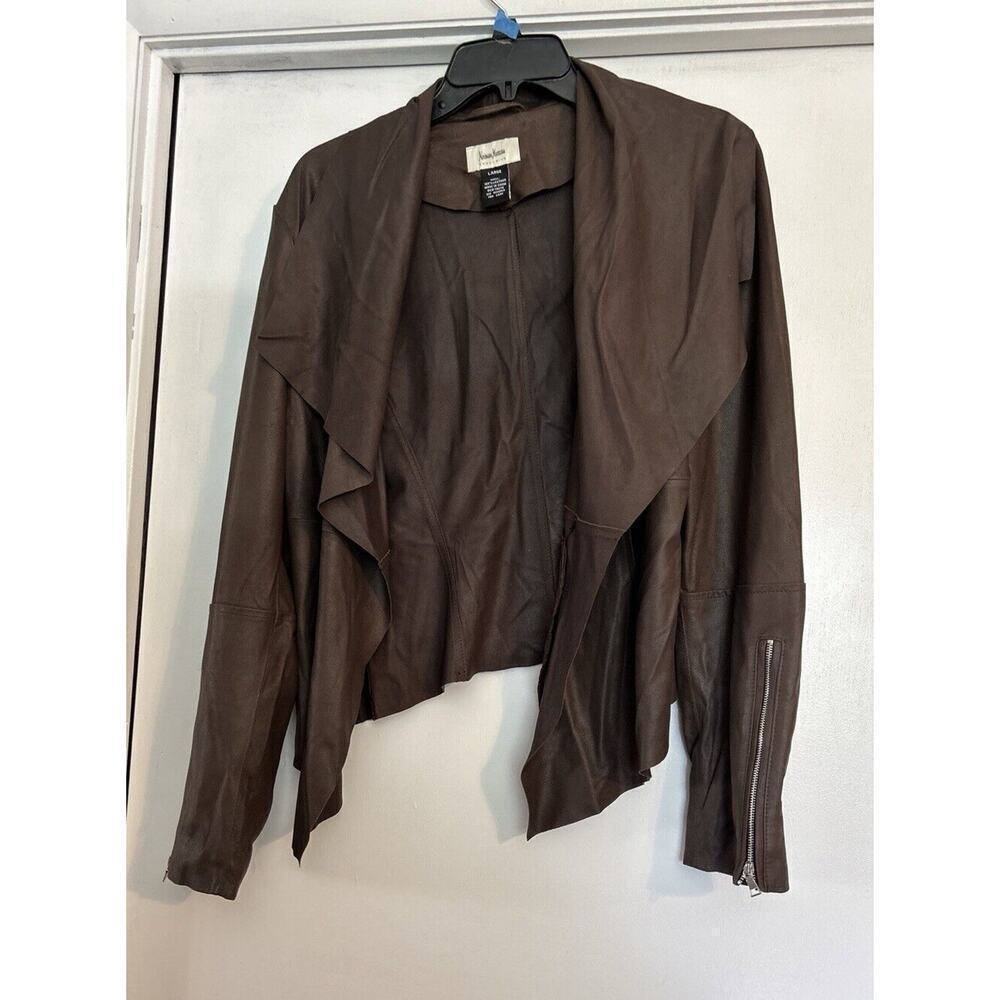 Neumann Marcus Brown Leather Open From Cascade Ruffle Zippered Sleeves - Picture 4 of 13
